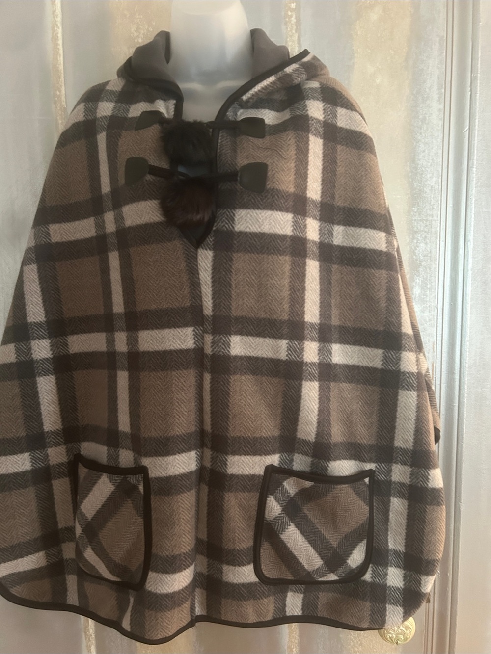 Brown and Cream Plaid Hooded Cape with Toggle Closures